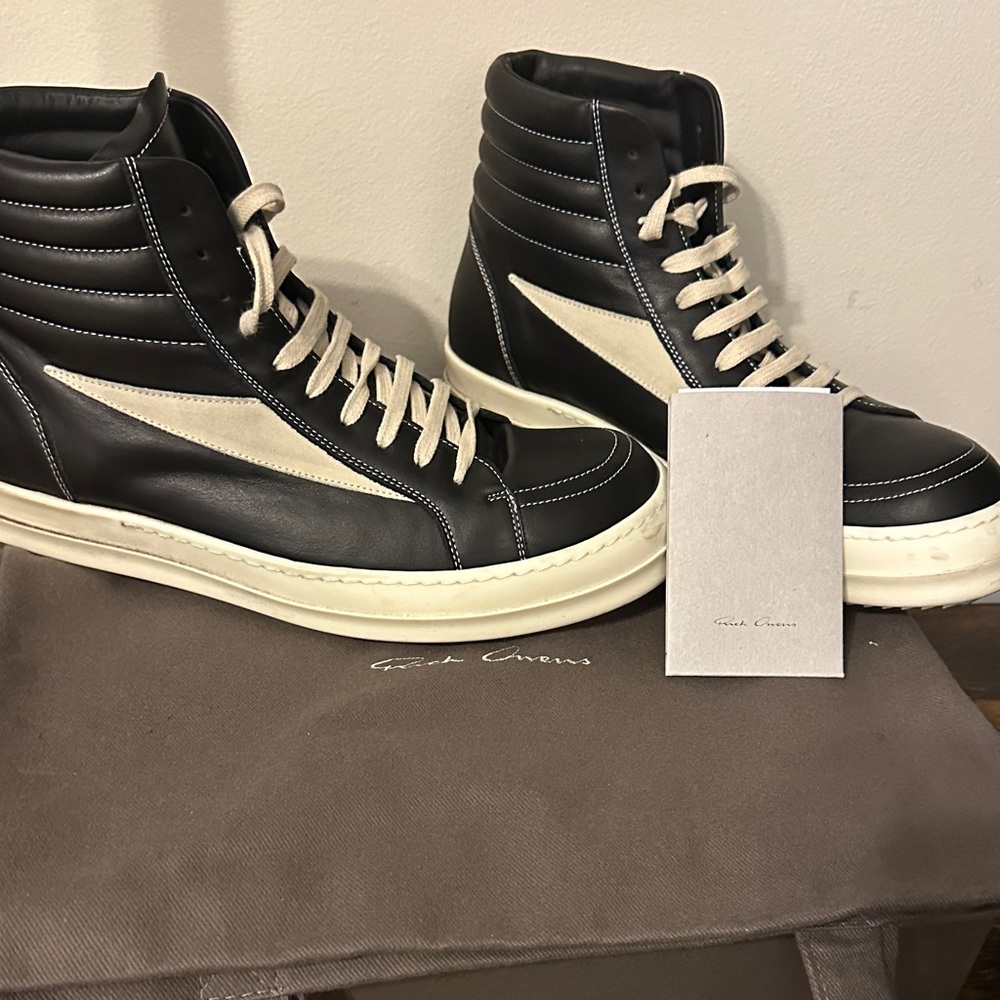 Rick Owens Black and Cream High-Top Sneakers